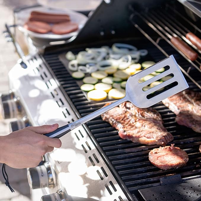 Grilling Accessories by Magnum Grill - 5 Piece BBQ Tools Set with 18" Grill Spatula, Tongs for Cooking, BBQ Grill Mat and 2X Strong Magnetic Hooks for Hanging on Barbeque - Heavy Duty Metal Grill Set