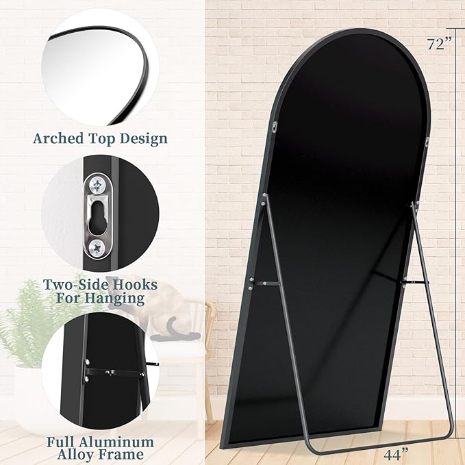 Full Length Mirror with Stand, 72"x44" Arched Full Body Mirror, Large Stand Up Aluminum Frame Floor Freestanding Hanging Leaning Mounted for Bedroom Living Room Entryway Black