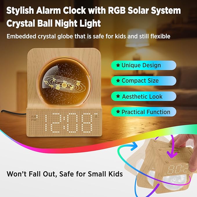 DreamSky Space Alarm Clock for Kids Teens, Small Digital Clock with RGB Night Light for Bedroom, Colorful Crystal Ball Decor for Living Room Office, Dimmer, Gifts for Boys Girls Women (Wood Grain)