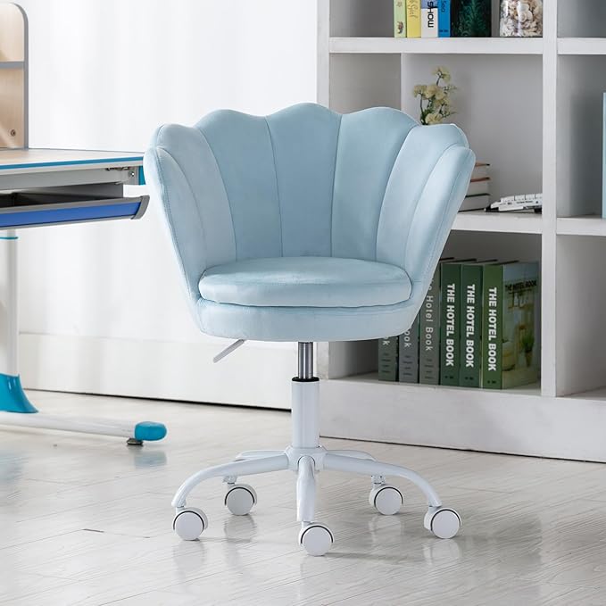 Velvet Desk Chair for Kids 8-12 Teen Room with Wheels, Upholstered Adjustable Children Computer Chair Comfy Rolling Study Armchair 360° Swivel Back and Arms for Teen Girls or Boys Bedroom, Blue