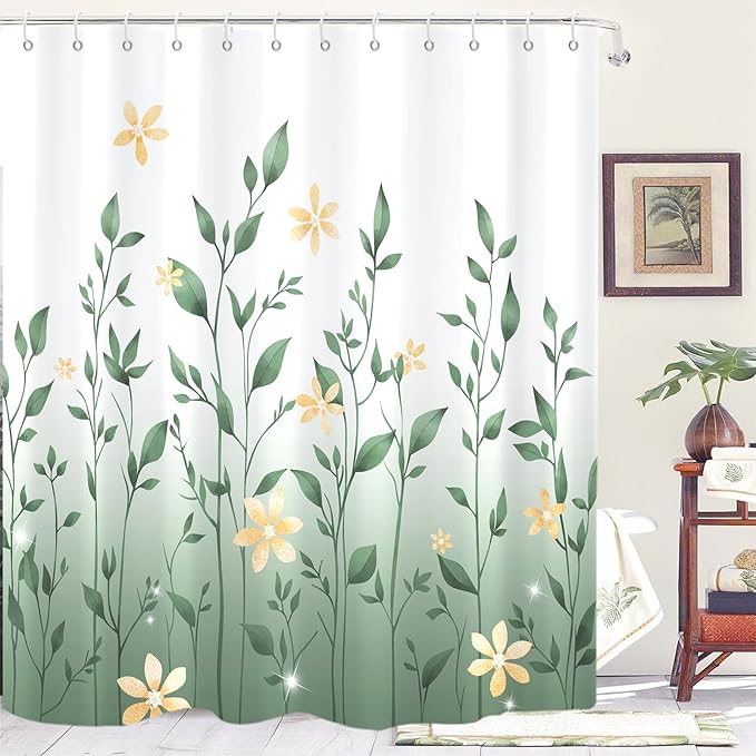 Eucalyptus Shower Curtain, Ombre Floral Leaves Plant Washable Fabric Bath Decor with 12 Hooks 72x72 inches, Sage Green
