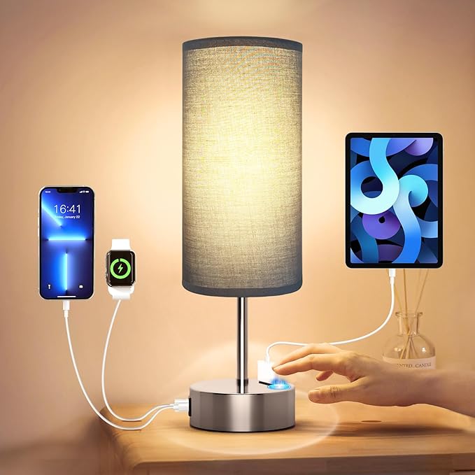 KPQ Small Bedside Lamp Touch Control Table Lamp with USB A+C Charging Ports & AC Outlet 3-Way Dimmable Nightstand Lamp with Linen Fabric Shade for Bedroom Living Room