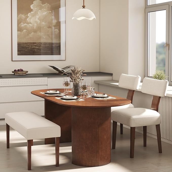 LIVINOVA Farmhouse Upholstered Dining Bench Seat Set of 2, 45" Linen Fabric Entryway Bench with Natural Wood Legs, Mid Century Modern End of Bed Bench for Kitchen Bedroom Living Room Hallway, Beige