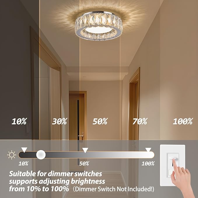 11 Inch Chrome Modern Luxury Crystal Flush Mount Ceiling Light Fixture,5CCT 3000K-6000K 24W,Round Small Dimmable Led Chandelier Hallway Lighting for Entryway,Kitchen,Bedroom,Laundry Room