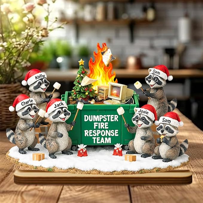 Funny Raccoon Dumpster Fire Response Team Wooden Plaque 2025, Personalized Flaming Dumpster Sign, Custom Name Group Plaque, Matching Holiday Decor for Coworkers