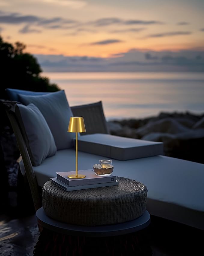 PUSU Cordless Rechargeable Table Lamp Set of 2, 4000mAh Battery Powered LED Desk Lamp, 3 Color Stepless Dimming Up, Portable Table Light Lamp for Bedroom Restaurant Outdoor (Gold)