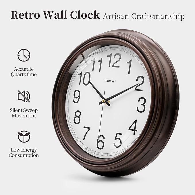 TAHEAT Vintage Wall Clock, 12 Inch Red Copper Easy to Read Battery Operated Quartz Wall Clock Decorative for Kitchen Living Room Bedroom Office School