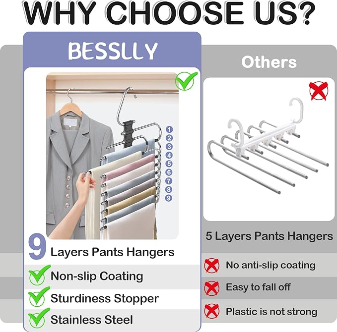 Upgrade 9 Layers Pants Hangers Space Saving, 2 Pack Non Slip Stainless Steel Multifunctional Pants Rack Closet Pant Hanger Organizer with Hooks for Pants Jeans Trousers Dorm Room Essentials, Black
