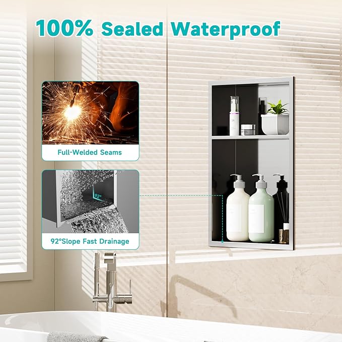 Brushed Nickel Stainless Steel Shower Niche 12" x 18" – Recessed 2-Tier Shower Shelf, 12"x12" Upper & 12"x6" Lower Storage, Waterproof & Rustproof, Modern Bathroom Wall Niche