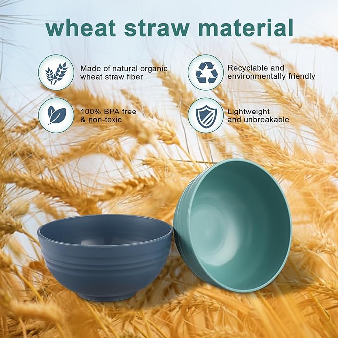12 Pcs Unbreakable Cereal Bowls Set, 26 Oz Wheat Straw Bowls Set, Microwave & Dishwasher Safe Bowls for Kitchen, Reusable Plastic Bowls for Soup, Salad and Snack, BPA Free, Dark Blue