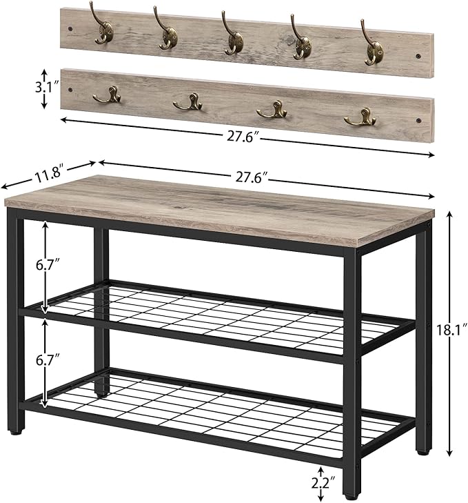 HOOBRO Hall Tree with Bench, Coat Rack Shoe Bench Set, Entryway Shoe Rack with Coat Hooks, Hall Tree Coat Rack, 27.6" L x 11.8" W x 18.1" H, Mud Room, for Foyer, Front Door, Greige BG07MT01
