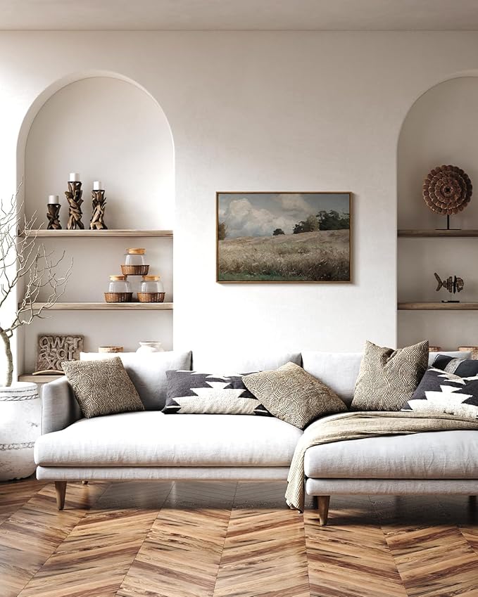 InSimSea Framed Canvas Wall Art Vintage Decor, Farmhouse Scenery Vast Field Grassland Paintings, Large Prints, Nature Landscape Hanging Wall Decoration for Living Room Bedroom Bathroom, 20"x30"