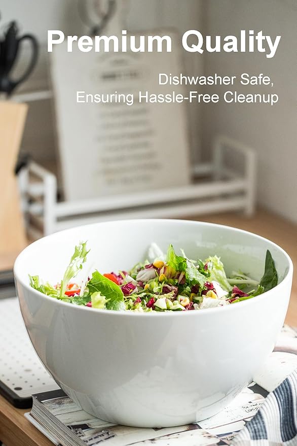 LAUCHUH Salad Serving Bowls, 5 Quarts Porcelain White Serving Bowl Extra Large Mixing Bowl with Spoon Set for Salad, Preparing, Pasta, Popcorn, Chips, Fruit, Vegetables, Thanksgiving, Christmas, 3 Pcs