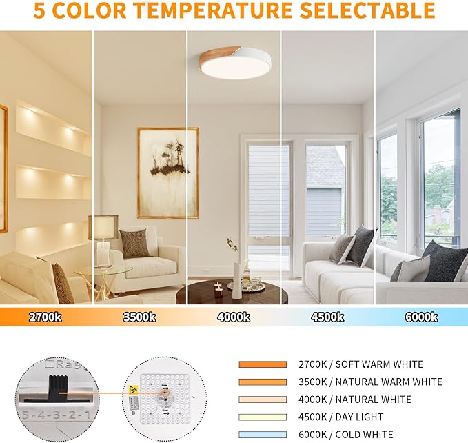 Modern Dimmable White LED Ceiling Light, 2700 K - 6000 K 5CCT Wood Flush Mount Ceiling Lighting Fixtures, Minimalist Round Ceiling Lamp for Living Room Bedroom Kitchen Hallway（15.8in）
