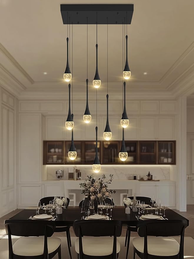 Rectangular Chandeliers for Living Room Black Dining Room Lights Fixture Raindrop Pendant Lights Kitchen Island Crystal Chandelier for Staircase Hallway Foyer Entryway