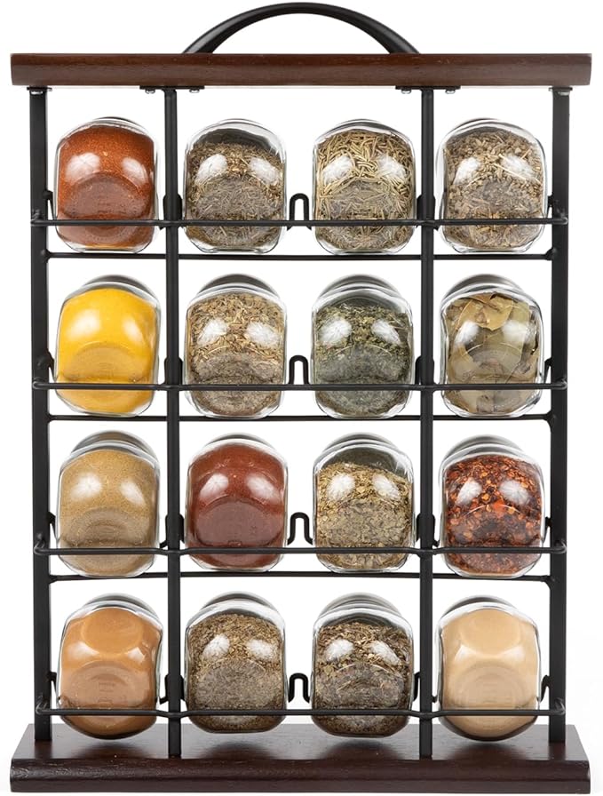Orii 16 Jar Acacia Wood & Metal Wire Spice Rack with Spices Included, Storage for Spices and Seasoning, Black & Brown