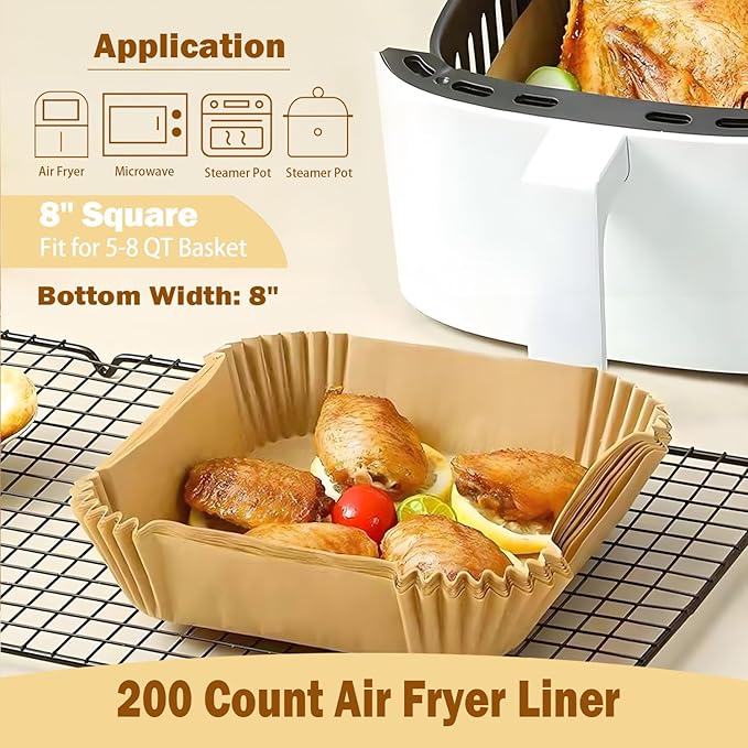 200 Pcs 8" Air Fryer Liner Square Baking Parchment Paper Airfryer Liners,Unbleached Disposable Non-stick & Non-Leak & Non-Washing Air Fryer Paper Liner for 5-8 QT Air Fryer Basket
