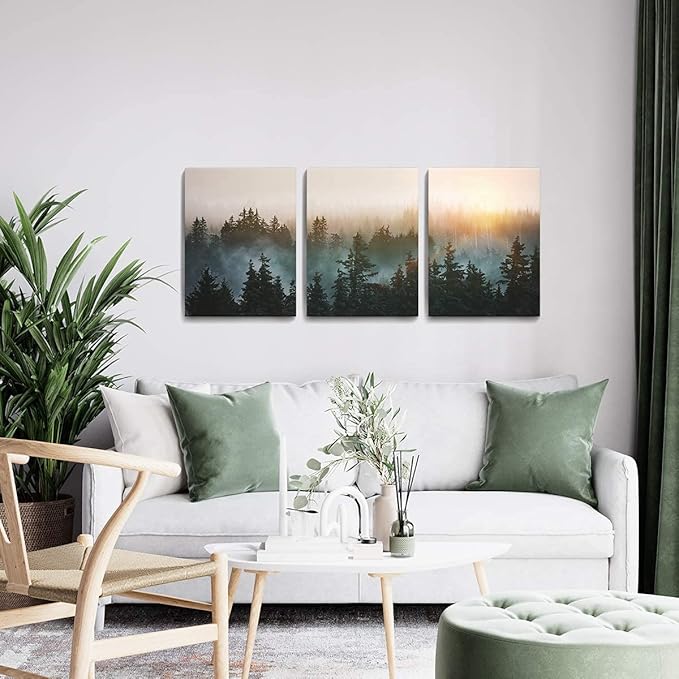 Forest Bathed in Sunlight Canvas Print Picture Painting Wall Art for Bedroom Living Room Framed 3 Piece Artwork Wall Decor for Bathroom Modern Room Plants Wall Decorations Size 12x16x3 Ready to Hang