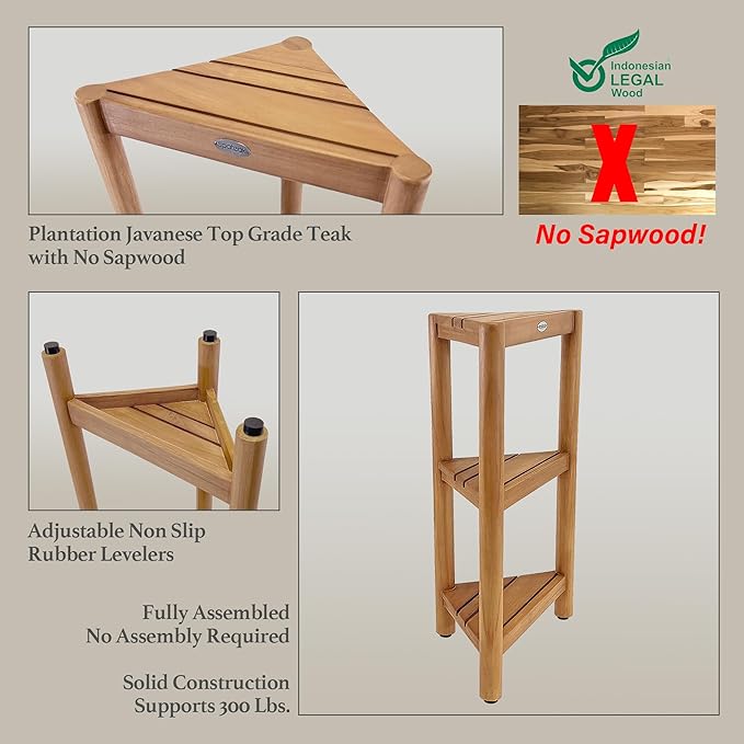 Asta Select Solid Teak Free Standing Corner Shelf, 3-Tier Bathroom Corner Stand, Corner Rack for Bathroom, Kitchen, Living Room, Bedroom, Fully Assembled, ST-80