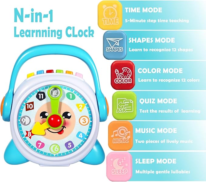 Learning Clock, Learn to Tell Time Clock for Kids & Toddlers Ages 3, 4, 5, 6 Years Old, Educational Teaching Clock Toy with Quiz and Music Sleep Mode, Boy Girl Birthday Present