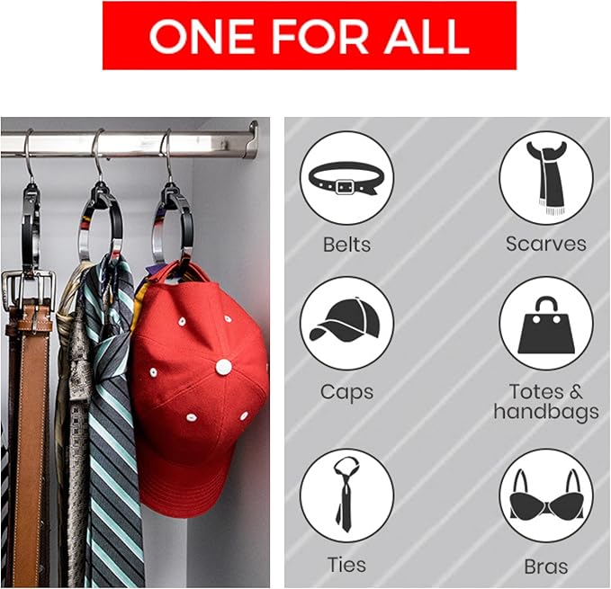 Multipurpose Closet Hangers- Tie and Belt Hanger for Closet- Great Space Saving Belt Organizer for Wardrobe - Ideal for Storing Belts, Ties, Scarfs, Baseball Hats, Purses & More- 1 Pack