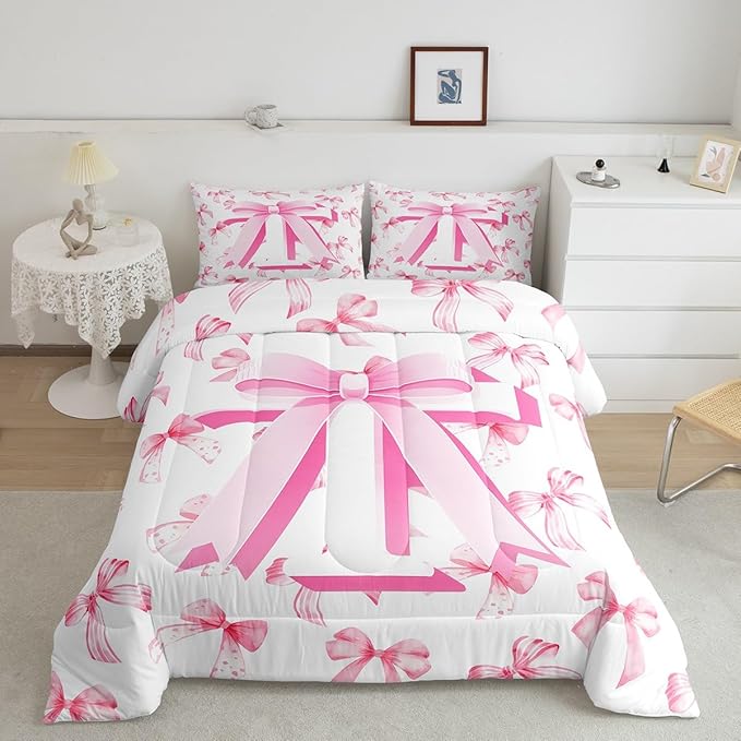 jejeloiu Kids Girls Cute Pink Bow Comforter Set Toddler Size Monogrammed Bedding Set Ultra Soft Personalized Initial T Duvet Quilt Coquette Bow Knot Quilt Set Room Decor Modern Fashion Comforter