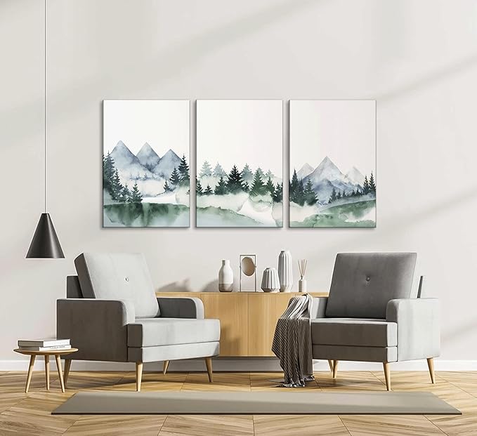 3 Pcs Modern Mountains Canvas Wall Art Green Watercolor Misty Pine Forest Nature Minimalism Abstract Landscape Painting Picture Wall Decor Poster Print Artwork for Living Room Bedroom Office