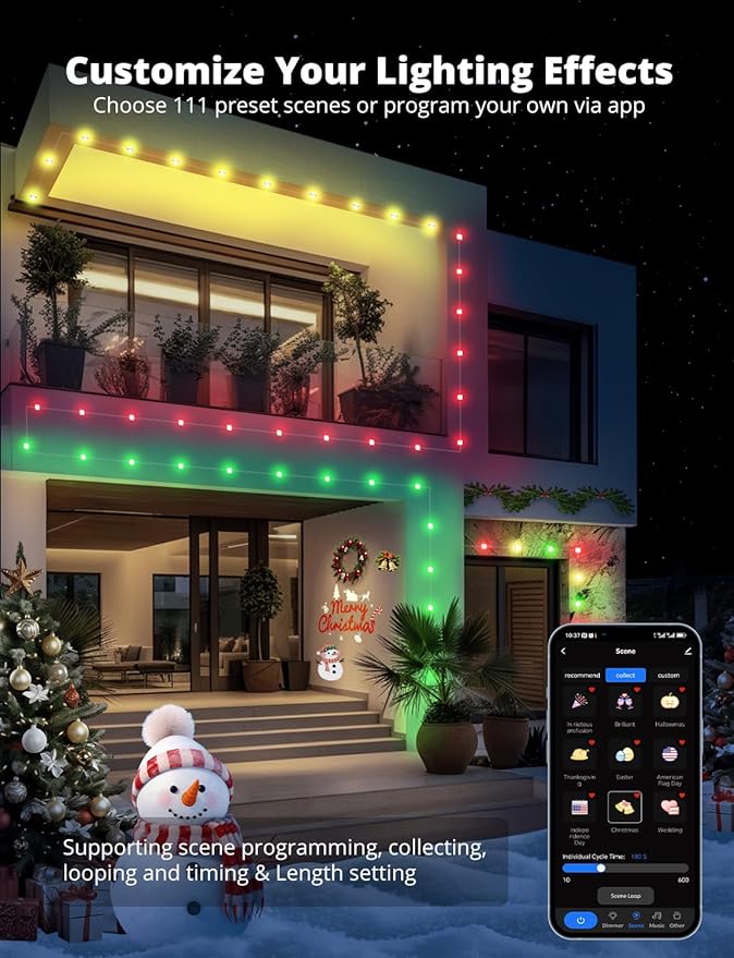 APPECK Permanent Outdoor Lights 50ft with 45 LEDs, RGB Color Changing Outdoor String Lights with 60lm Warm White, 111+ Scene Modes, APP/Voice/Remote Control, for Windows Storefront Holiday Decor