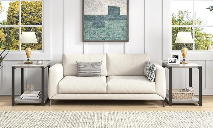 FOLUBAN Modern Side Table, Square End Table with Storage for Living Room Office, Rustic Bedside Table for Bedroom, Small Spaces, Light Grey