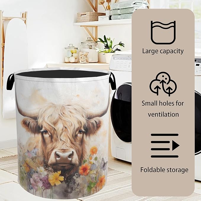 Highland Cow Summer Flowers Large Clothes Hamper Bag - Laundry Basket with Handles, Space Saving Foldable Design for Nursery