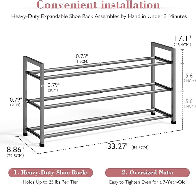 Bumusty 3-Tier Expandable Shoe Rack for Closet, 18“-33” Adjustable Shoe Rack for Small Space, Small Shoe Organizer for Front Door, Sturdy Metal, Gray