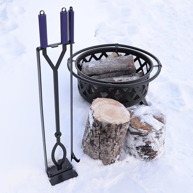 Heavy Duty Fire Pit Tools Set with 40" Fire Poker and Log Grabber Wrought Iron Large Fireplace Tool Set with Metal Stand,Solid Steel Firewood Grabber for Campfire Backyard Bonfire Indoor&Outdoor Use