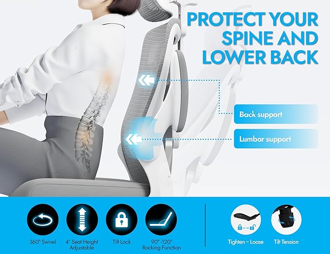 Ergonomic Office Chair - X-Shaped Computer Desk Chair Comfy, Gaming Chair, Office Chair with Lumbar Support, Mesh Office Chairs with Headrests, Desk Chair for Long Hours (White Ash)