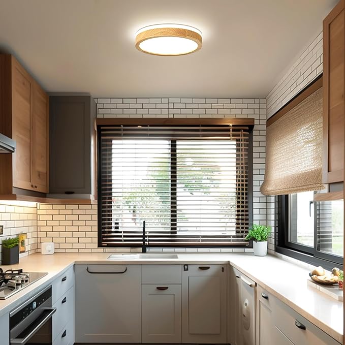 Modern Dimmable Wood Flush Mount Ceiling Light, 2700K-6000K 5CCT Round Close to Ceiling Lighting Fixtures, Minimalist LED Ceiling Lamp for Bedroom, Kitchen, Hallway, Laundry Room-11.81in