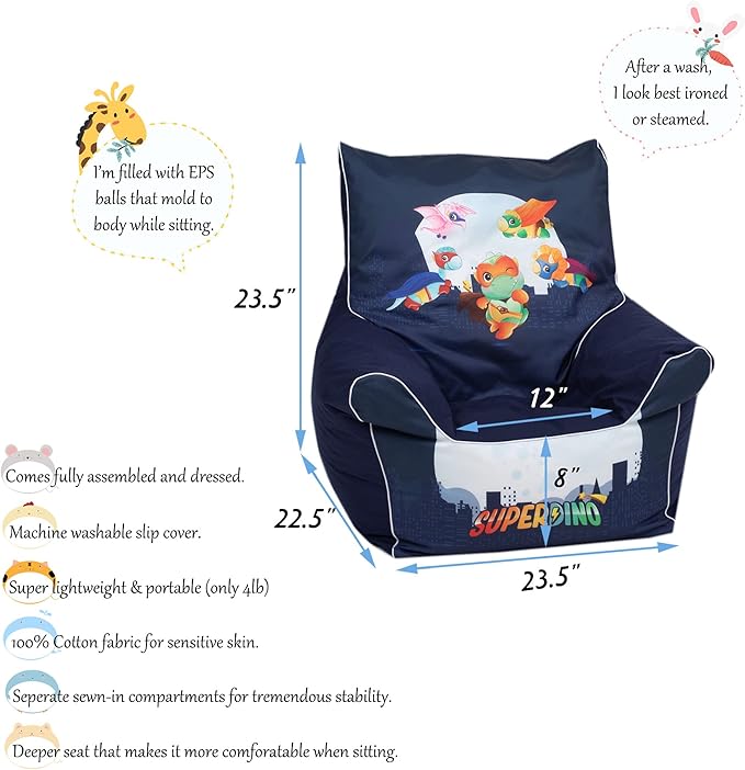 Delsit Children's Bean Bag Chair - Handmade in Europe - Lightweight & Portable Toddler Chair with Washable Cover - Comfortable & Fully Assembled - Perfect for Little Kids | (Super Dinosaurs)