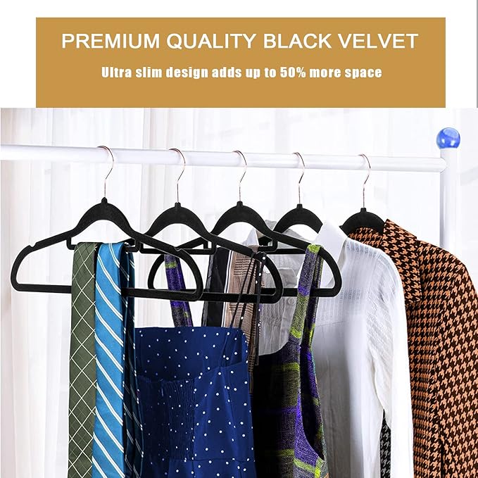 Premium Velvet Hangers, [50 Pack] Non Slip and Heavy Duty Velvet Suit Hangers (45cm) with Tie Bar, 360° Swivel Hooks, Sturdy to Hold Jumper, Pullovers, Jackets & Hoodies (50 Pack, Black)