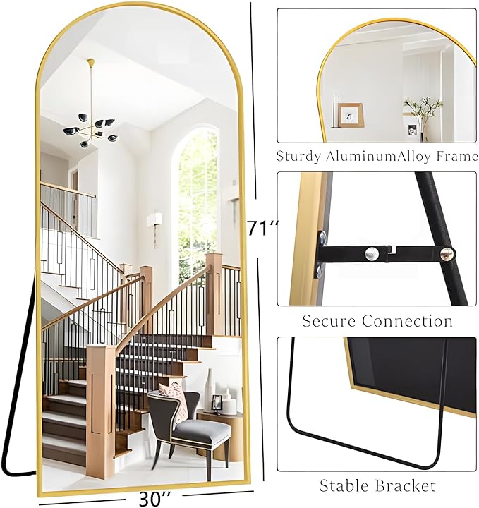 OGCAU Full Length Mirror, 71"x30" Arched-Top Standing Mirror, Hanging or Leaning, Full Body Wall Mounted with Aluminum Frame for Living Room, Bedroom, Home Decor (Gold)