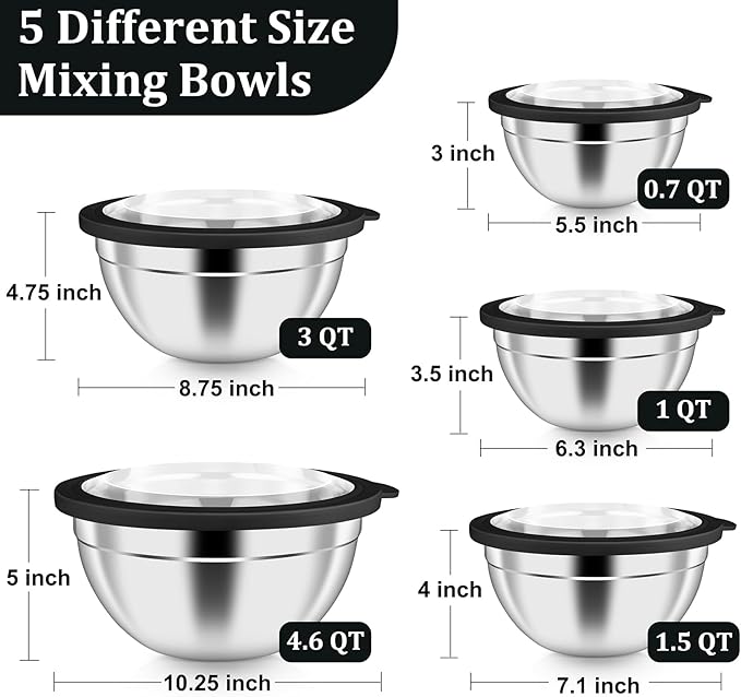 P&P CHEF Mixing Bowl with Visible Airtight Lid Set of 5, 10-Piece Stainless Steel Nesting Salad Bowl Set for Prepping, Mixing and Serving, Size 4.6, 3, 1.5, 1, 0.7 QT, Rimmed Edges & Flat Base, Black