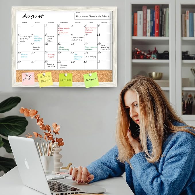 Calendar Whiteboard for Wall, 18x24 Inches Whiteboard Calendar Cork Board Combo, Magnetic Monthly White Board with Wood Framed, Hanging Dry Erase Board for Kitchen Home Office School Planner