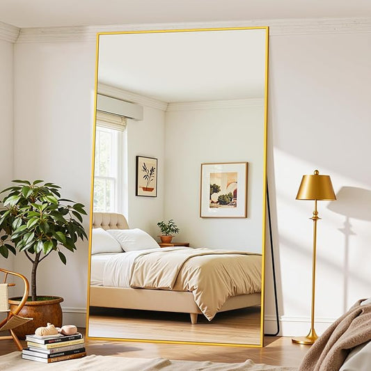 Full Length Mirror, 86"x46" Oversized Floor Mirror Freestanding, Full Body Mirror Floor Standing Mirrors with Stand, Hanging Mounted Mirrors for Bedroom Living Room, Gold, Rect Style