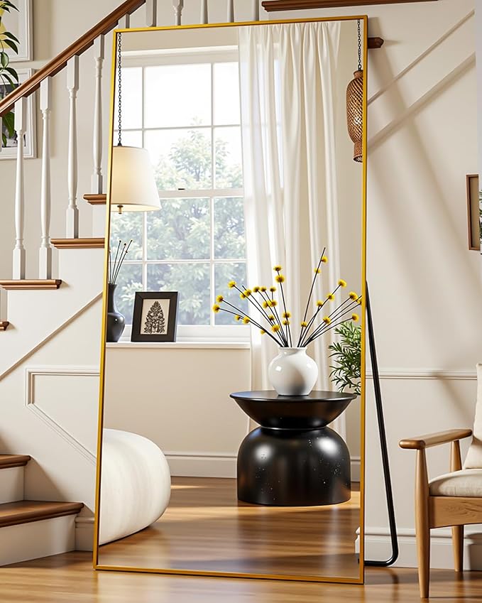 Suidia Full Length Mirror, 71"x32" Floor Standing Mirror Freestanding, Full Body Mirrors with Stand for Bedroom, Hanging Mounted for Living Room Cloakroom, Gold, Rectangular Style