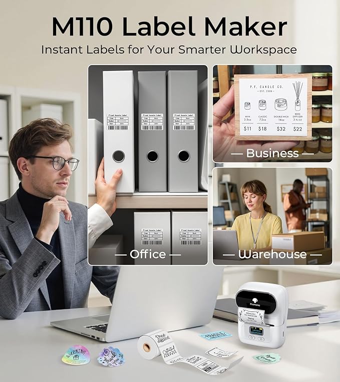 Phomemo M110 Label Makers - Portable Bluetooth Thermal Label Maker Machine,Label Printer for Name, Barcode, Clothing, Jewelry, Retail, Mailing, for Android & iOS, with 1Pack 40×30mm Label, White