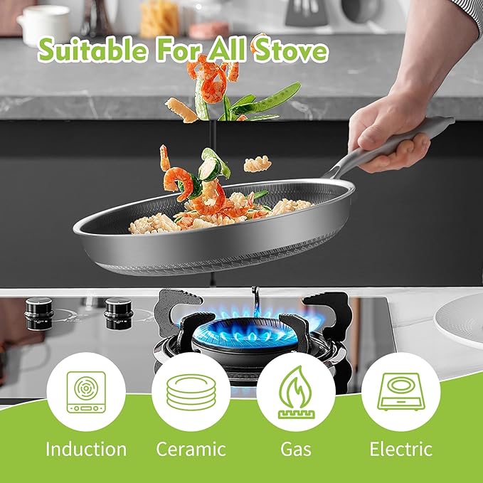 Non Stick Frying Pans, Hybrid 12 Inch Frying Pans Nonstick with Lid, Stainless Steel Skillets Chef Cookware, PFOA Free, Works on Induction,Ceramic,Gas Cooktops and Ovens