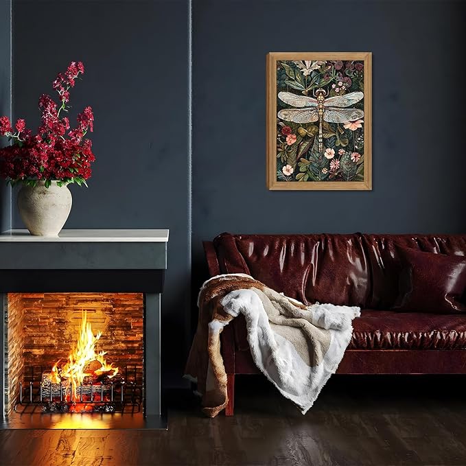 Framed Vintage 3D Textured Wall Art - Dark Green Dragonfly Flowers Wall Decor - Hand Drawn Sandstone Nature Botanical Pictures for Living Room Bedroom Home Decor 16x24in