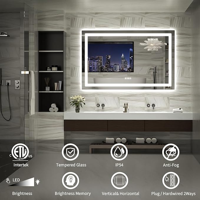 LED Mirror for Bathroom, 55x36 Inch Backlit + Front Lighted Bathroom Vanity Mirror with Lights, Double Light Strips, 3 Colors, Shatter-Proof, Anti-Fog and Brightness Memory