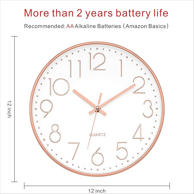 Foxtop Modern Wall Clock 12 Inch Non-Ticking Silent Battery Operated Round Quartz Rose Gold Wall Clock for Office Bedroom Living Room Kitchen Home School Decor
