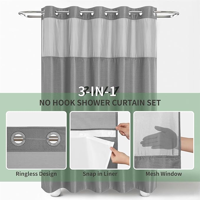 No Hook Waffle Weave Shower Curtain with Snap-in Fabric Liner Set,Grey Shower Curtains for Bathroom with See Through Top Window,Water Repellent & Washable,71Wx74H,Gray