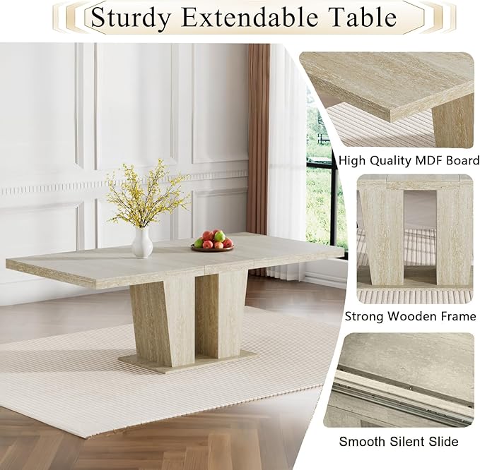 Goujxcy 7-Piece Extendable Dining Table Set for 6, 63-78 Inch Faux Travetine Kitchen Table Set with 6 Beige Upholstered Chairs Modern Wood Expandable Dining Room Table Set for Kitchen Apartment