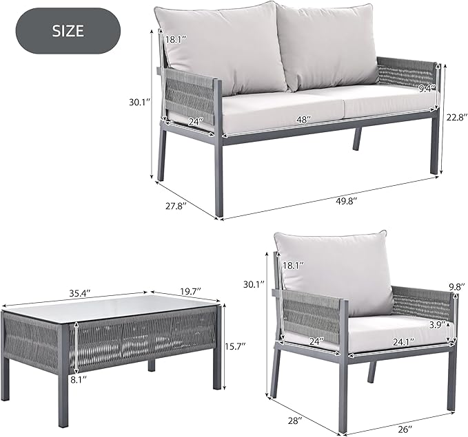 4-Piece Rope Outdoor Furniture Set, Patio Conversation Set with Tempered Glass Table, Rope-Woven Furniture Set with Deep Seat Design for Backyards, Gardens, Balconies, Grey