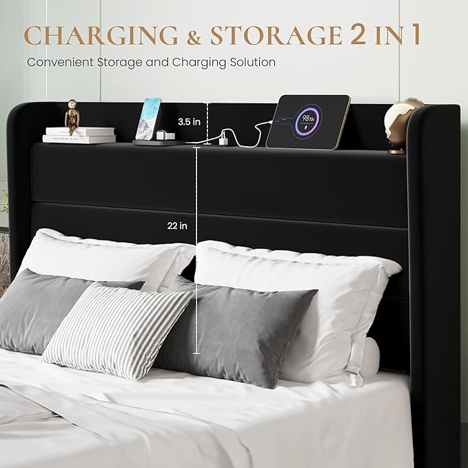 SHA CERLIN Full Size Bed Frame with Charging Station, Velvet Upholstered Platform Bed, Wingback Storage Headboard, Type-C & USB Ports, Strong Wooden Slats, No Box Spring Needed, Easy Assembly, Black